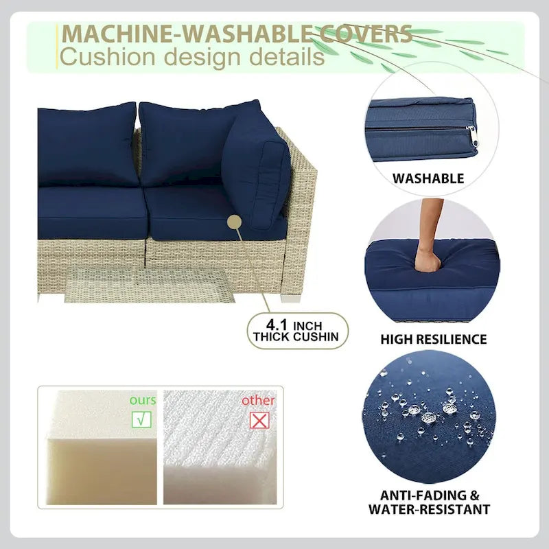 Ensemble de mobilier de jardin 5 pièces en rotin synthétique tressé à la main avec coussins et table basse