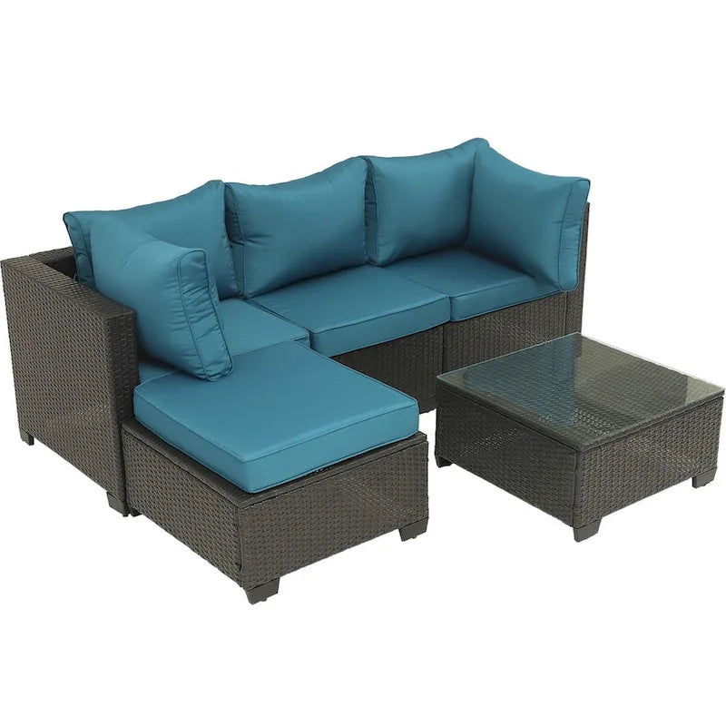 Ensemble de mobilier de jardin 5 pièces en rotin synthétique tressé à la main avec coussins et table basse