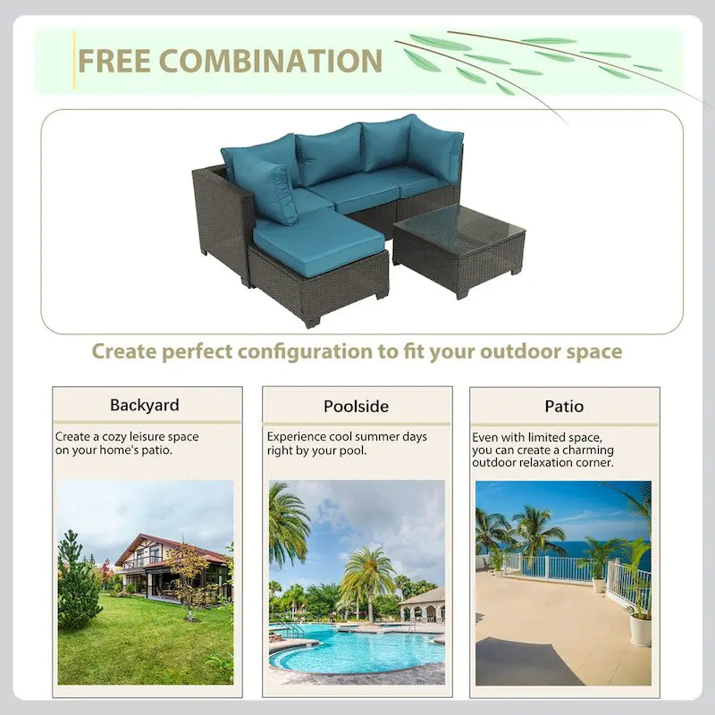 Ensemble de mobilier de jardin 5 pièces en rotin synthétique tressé à la main avec coussins et table basse