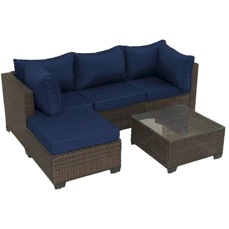 Ensemble de mobilier de jardin 5 pièces en rotin synthétique tressé à la main avec coussins et table basse