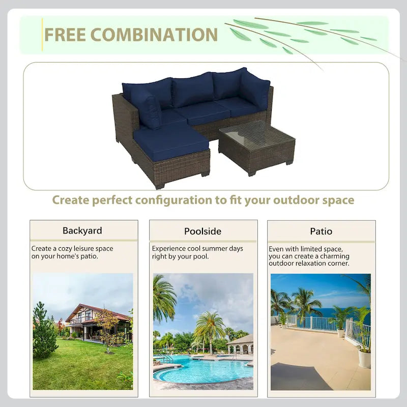 Ensemble de mobilier de jardin 5 pièces en rotin synthétique tressé à la main avec coussins et table basse