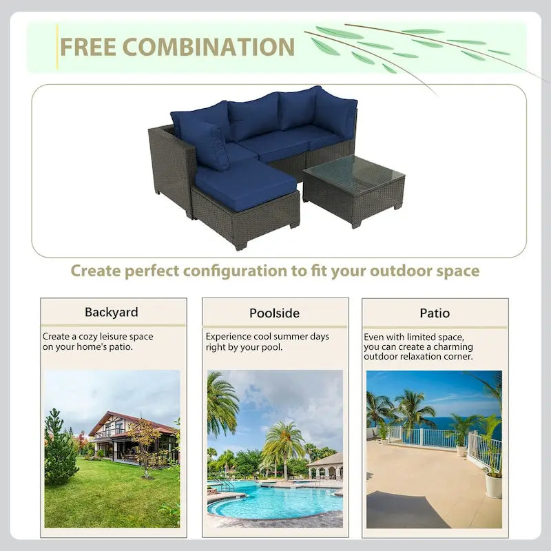 Ensemble de mobilier de jardin 5 pièces en rotin synthétique tressé à la main avec coussins et table basse