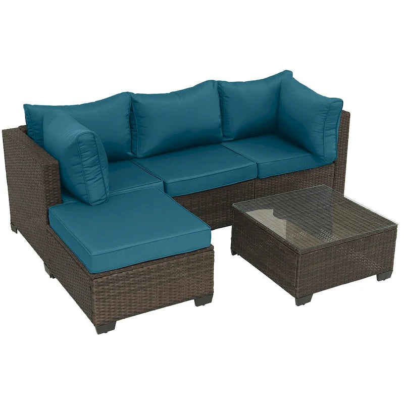 Ensemble de mobilier de jardin 5 pièces en rotin synthétique tressé à la main avec coussins et table basse