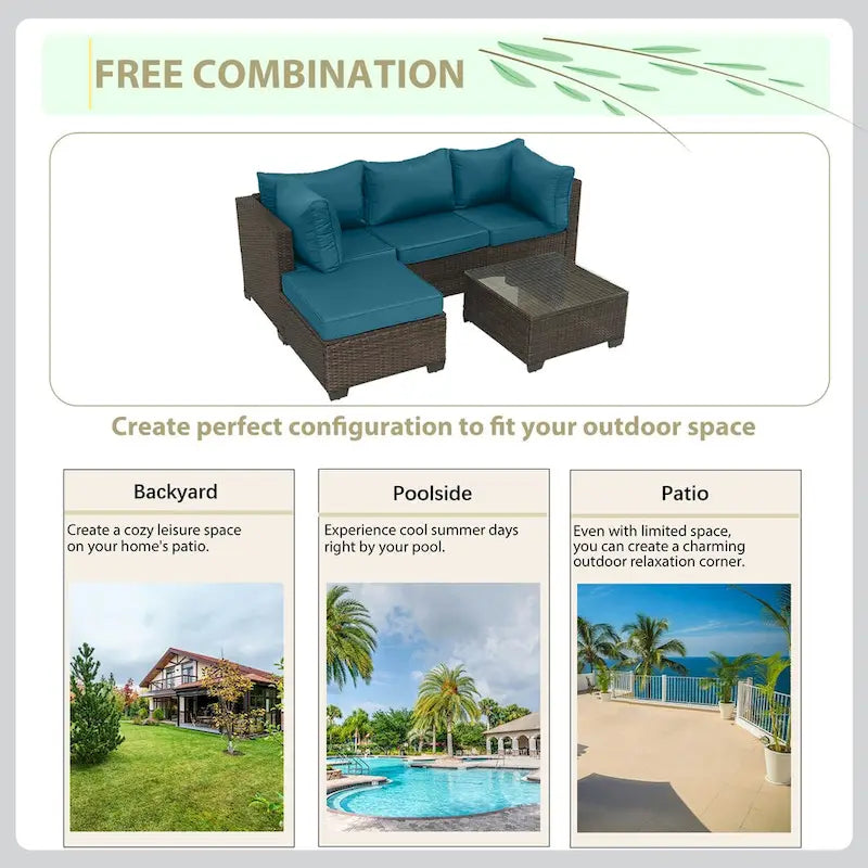 Ensemble de mobilier de jardin 5 pièces en rotin synthétique tressé à la main avec coussins et table basse