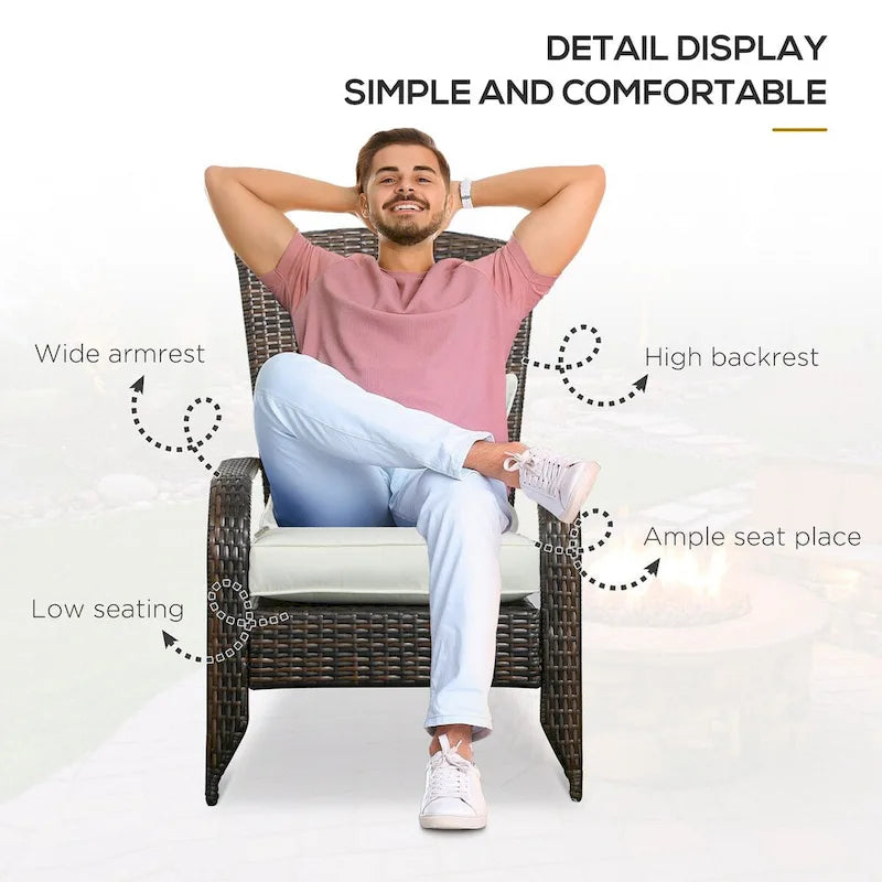 Chaise Adirondack en osier pour patio avec coussins moelleux, dossier incurvé haut et accoudoirs confortables