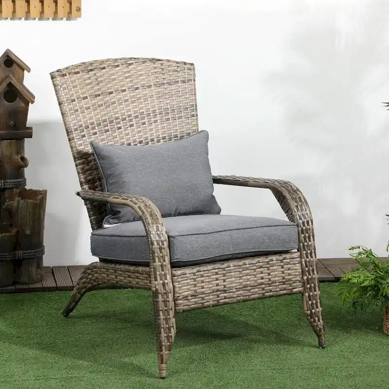 Chaise Adirondack en osier pour patio avec coussins moelleux, dossier incurvé haut et accoudoirs confortables