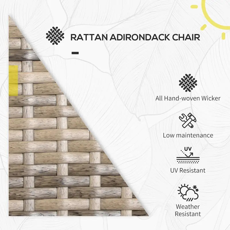 Chaise Adirondack en osier pour patio avec coussins moelleux, dossier incurvé haut et accoudoirs confortables