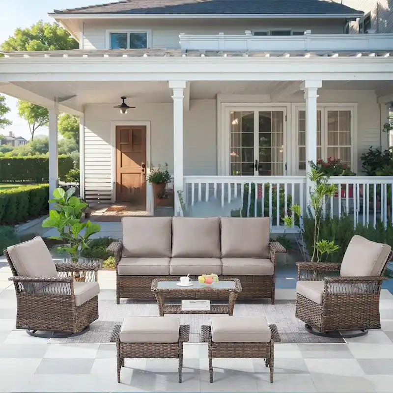 Canapé 3 places, fauteuil pivotant de jardin et table basse, pouf - Marron