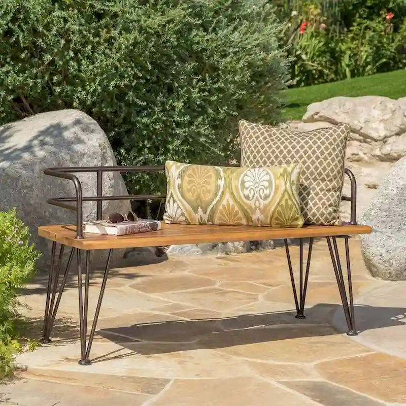 Outdoor Bench Teak Wood and Metal Rustic Patio Furniture by Christopher Knight Home