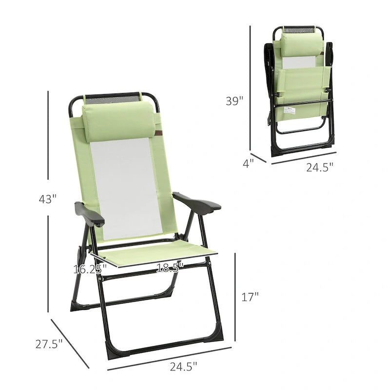 Lot de 2 chaises de patio pliantes, chaise de terrasse extérieure avec dossier inclinable réglable, chaise de camping avec appui-tête amovible pour le jardin