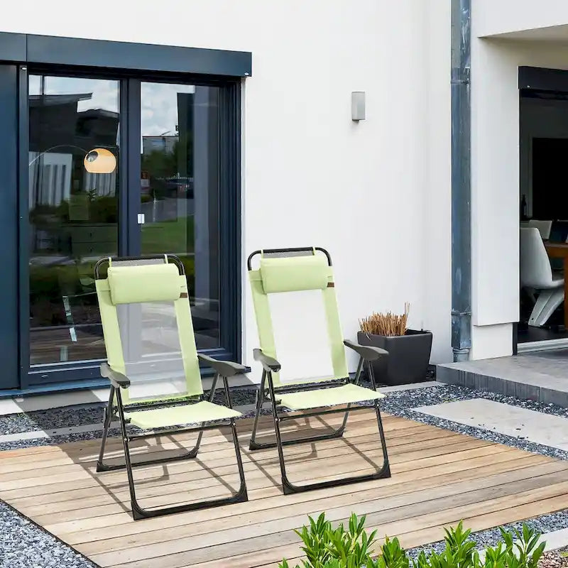 Lot de 2 chaises de patio pliantes, chaise de terrasse extérieure avec dossier inclinable réglable, chaise de camping avec appui-tête amovible pour le jardin