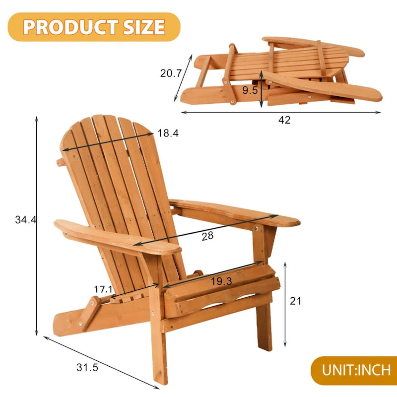 Chaise Adirondack pliante en bois massif naturel Wesley avec siège à lattes