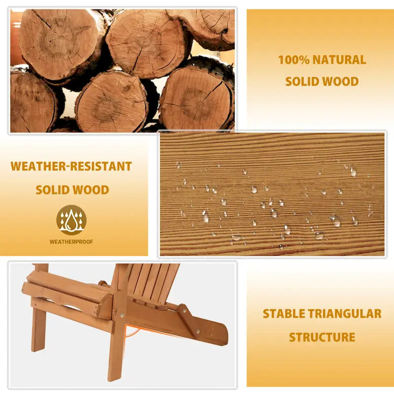 Chaise Adirondack pliante en bois massif naturel Wesley avec siège à lattes