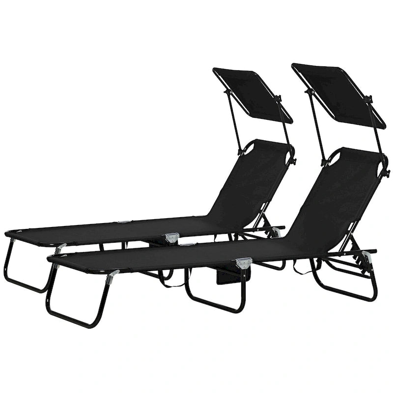 Chaises longues de piscine pliantes d'extérieur 2 pièces et chaises de bronzage avec auvent, dossier inclinable, cadre en acier et poche latérale