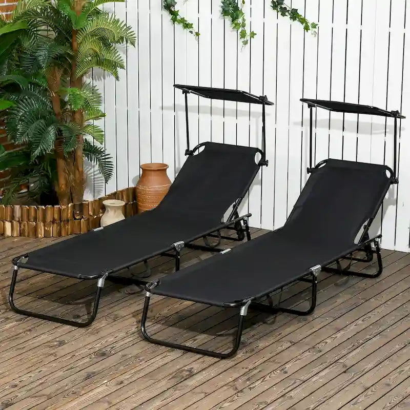 Chaises longues de piscine pliantes d'extérieur 2 pièces et chaises de bronzage avec auvent, dossier inclinable, cadre en acier et poche latérale