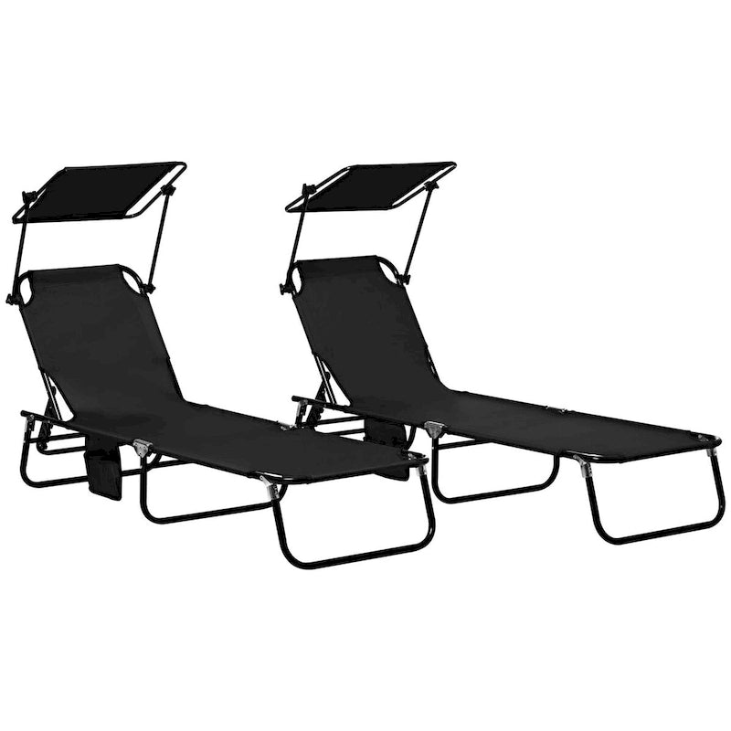 Chaises longues de piscine pliantes d'extérieur 2 pièces et chaises de bronzage avec auvent, dossier inclinable, cadre en acier et poche latérale
