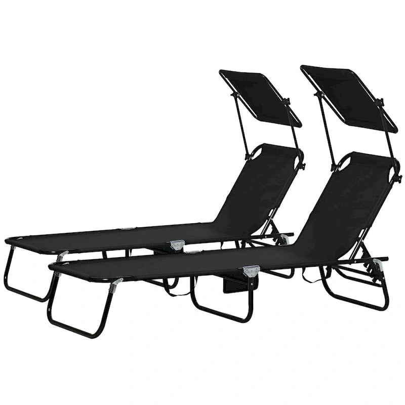 Chaises longues de piscine pliantes d'extérieur 2 pièces et chaises de bronzage avec auvent, dossier inclinable, cadre en acier et poche latérale