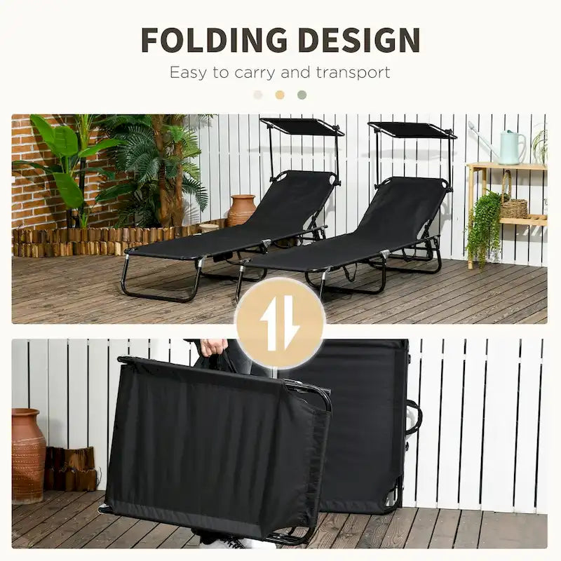 Chaises longues de piscine pliantes d'extérieur 2 pièces et chaises de bronzage avec auvent, dossier inclinable, cadre en acier et poche latérale