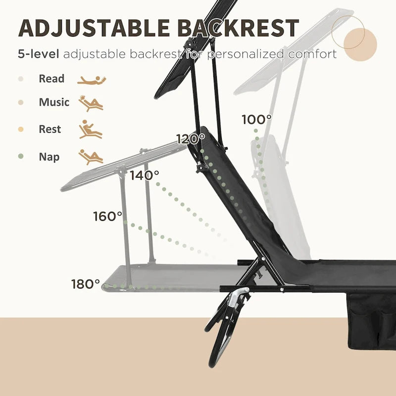 Chaises longues de piscine pliantes d'extérieur 2 pièces et chaises de bronzage avec auvent, dossier inclinable, cadre en acier et poche latérale