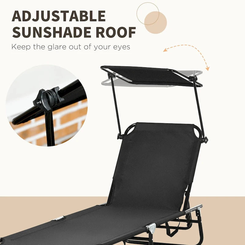 Chaises longues de piscine pliantes d'extérieur 2 pièces et chaises de bronzage avec auvent, dossier inclinable, cadre en acier et poche latérale