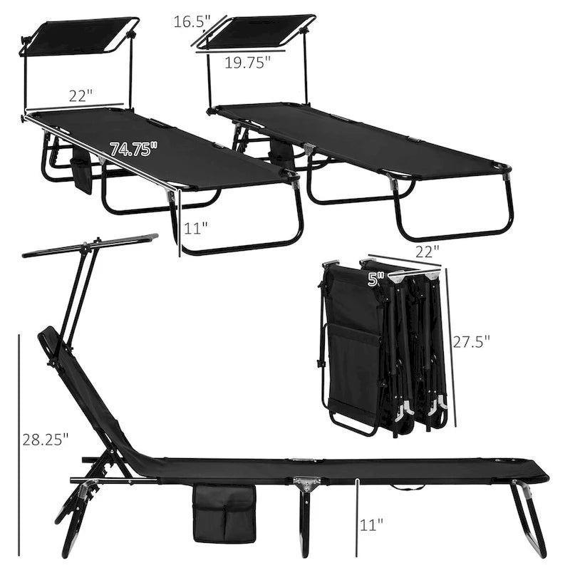 Chaises longues de piscine pliantes d'extérieur 2 pièces et chaises de bronzage avec auvent, dossier inclinable, cadre en acier et poche latérale