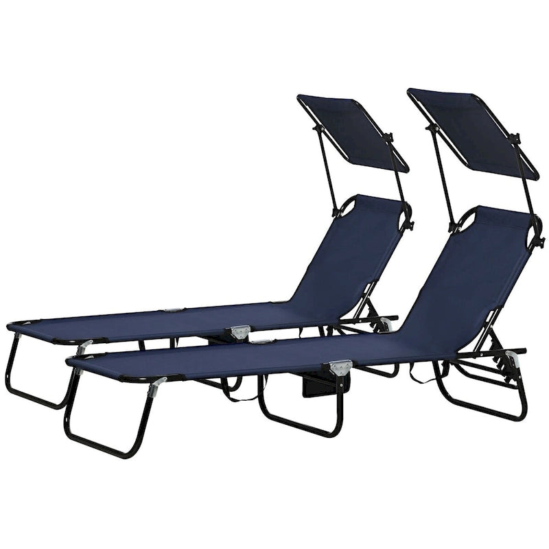 Chaises longues de piscine pliantes d'extérieur 2 pièces et chaises de bronzage avec auvent, dossier inclinable, cadre en acier et poche latérale
