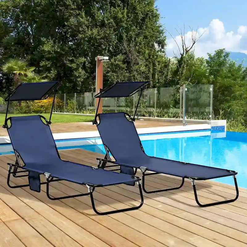 Chaises longues de piscine pliantes d'extérieur 2 pièces et chaises de bronzage avec auvent, dossier inclinable, cadre en acier et poche latérale