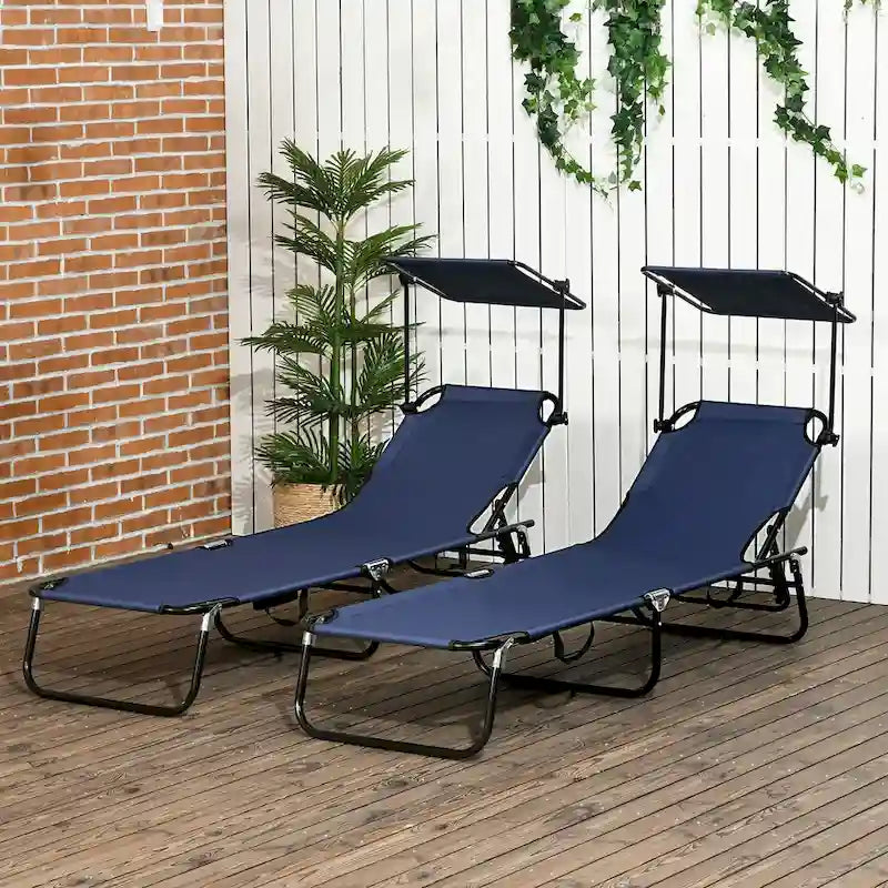 Chaises longues de piscine pliantes d'extérieur 2 pièces et chaises de bronzage avec auvent, dossier inclinable, cadre en acier et poche latérale