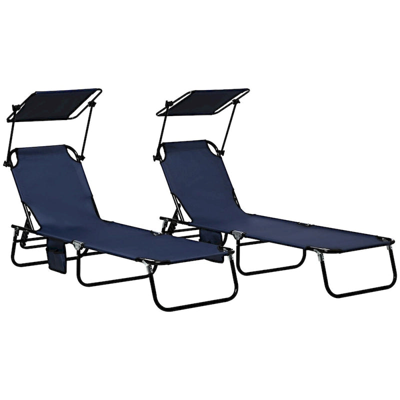 Chaises longues de piscine pliantes d'extérieur 2 pièces et chaises de bronzage avec auvent, dossier inclinable, cadre en acier et poche latérale