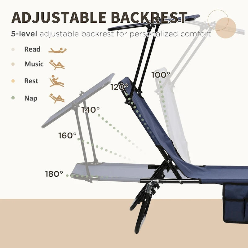 Chaises longues de piscine pliantes d'extérieur 2 pièces et chaises de bronzage avec auvent, dossier inclinable, cadre en acier et poche latérale