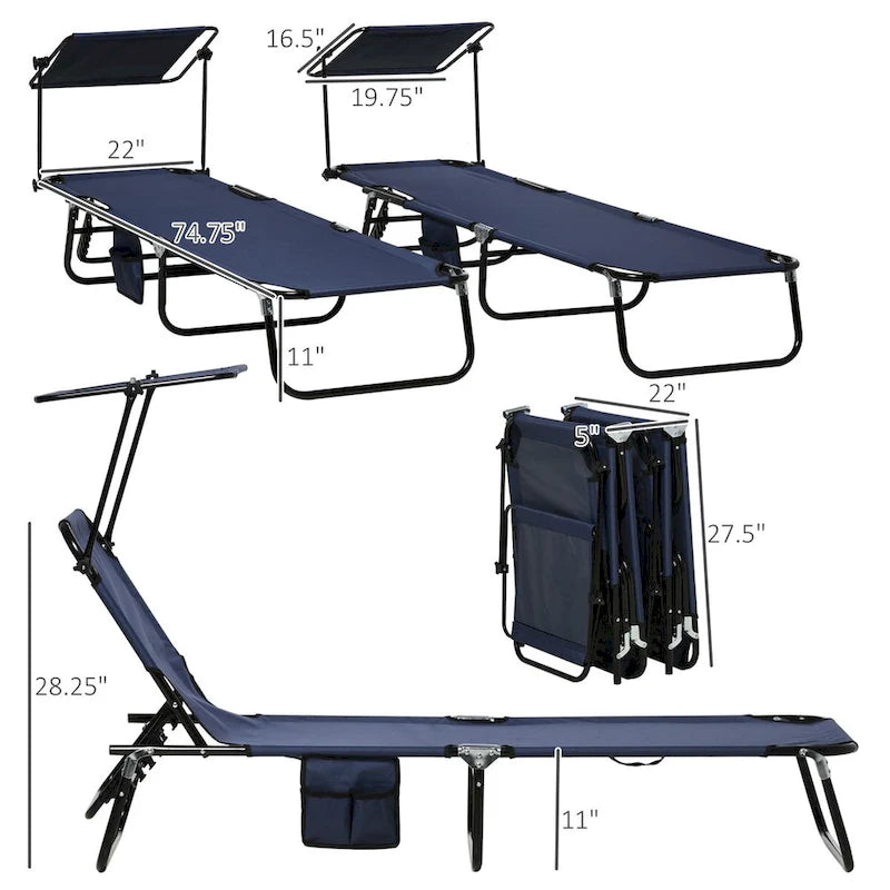 Chaises longues de piscine pliantes d'extérieur 2 pièces et chaises de bronzage avec auvent, dossier inclinable, cadre en acier et poche latérale
