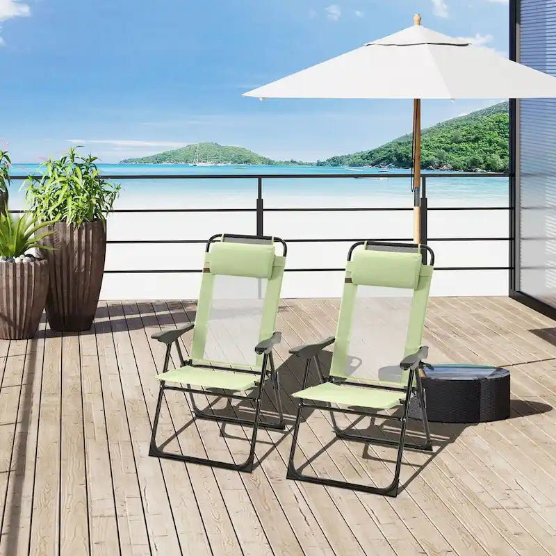 Chaises de patio pliantes 2 pièces avec dossier inclinable, chaises de camping d'extérieur avec appui-tête amovible