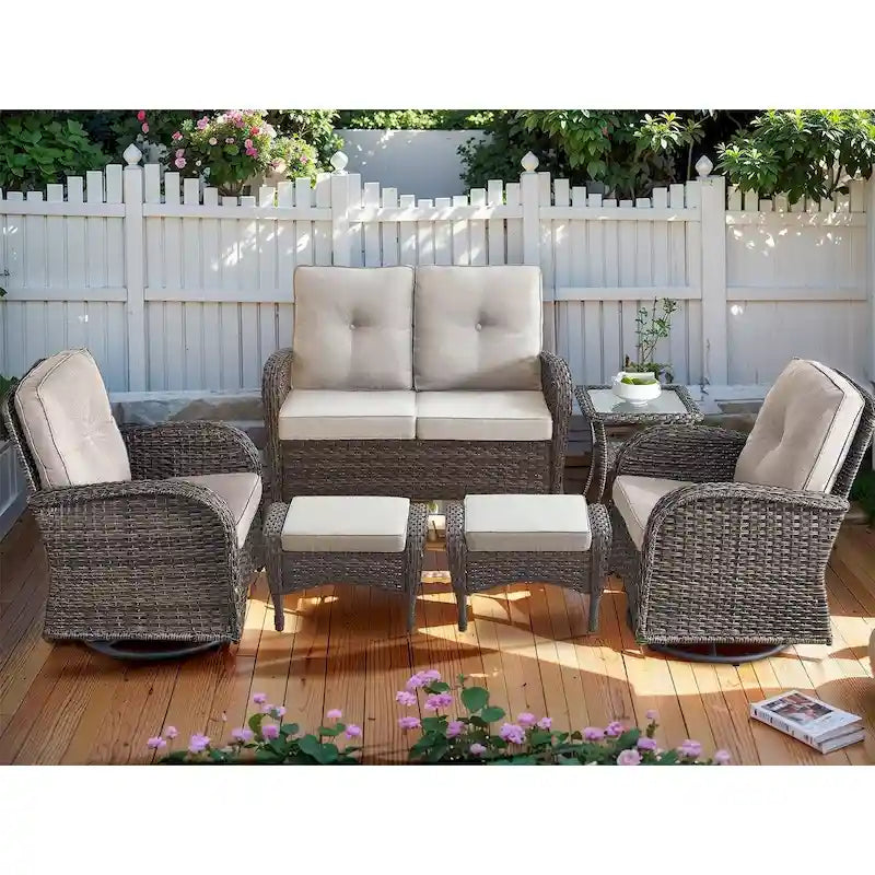 Canapé balancelle de patio avec fauteuil pivotant et pouf - Marron