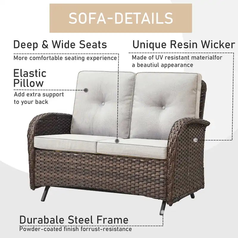 Canapé balancelle de patio avec fauteuil pivotant et pouf - Marron