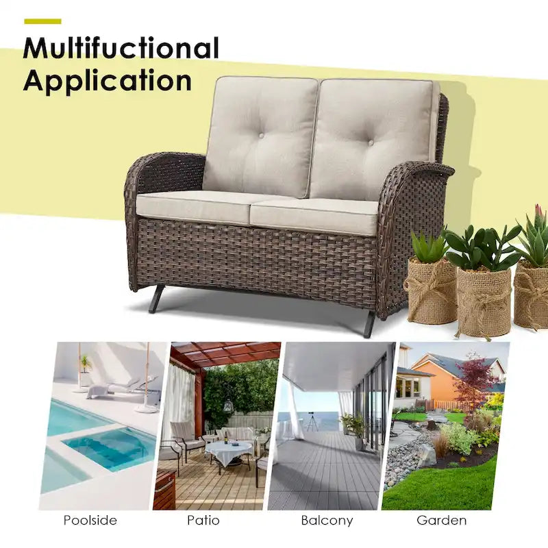 Canapé balancelle de patio avec fauteuil pivotant et pouf - Marron