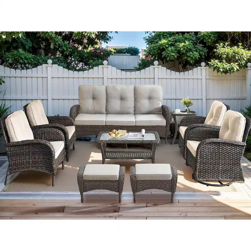 Ensemble de mobilier de patio en osier 9 pièces - Marron