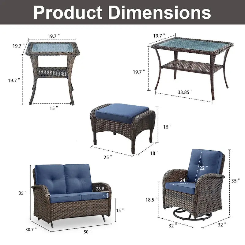 Ensembles de balancelle de patio 7 pièces avec chaise pivotante - Marron