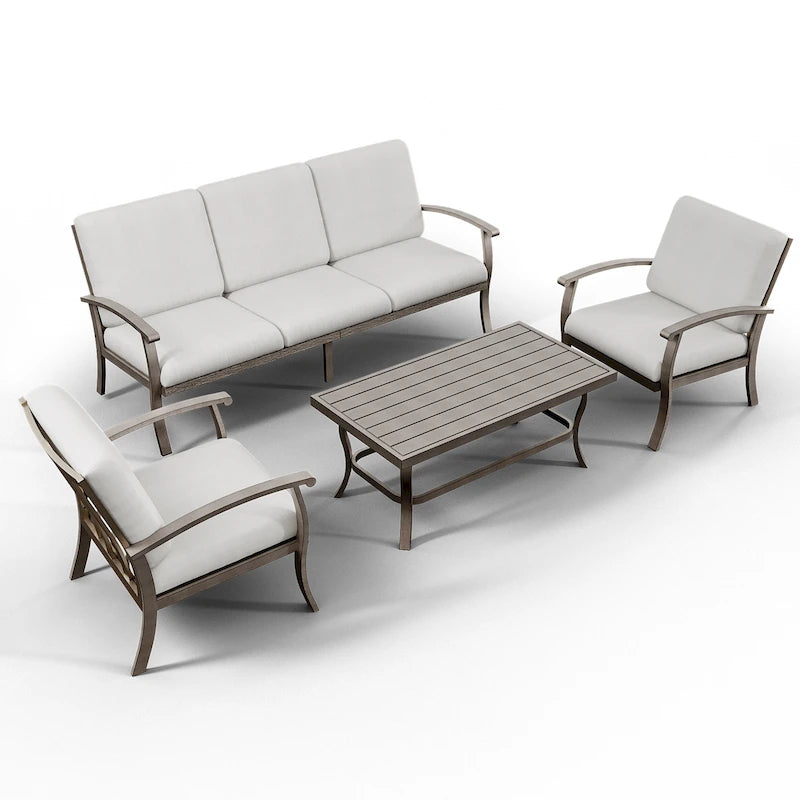 Ensemble de conversation en aluminium 5 places pour patio avec table basse, canapé et coussins gris clair