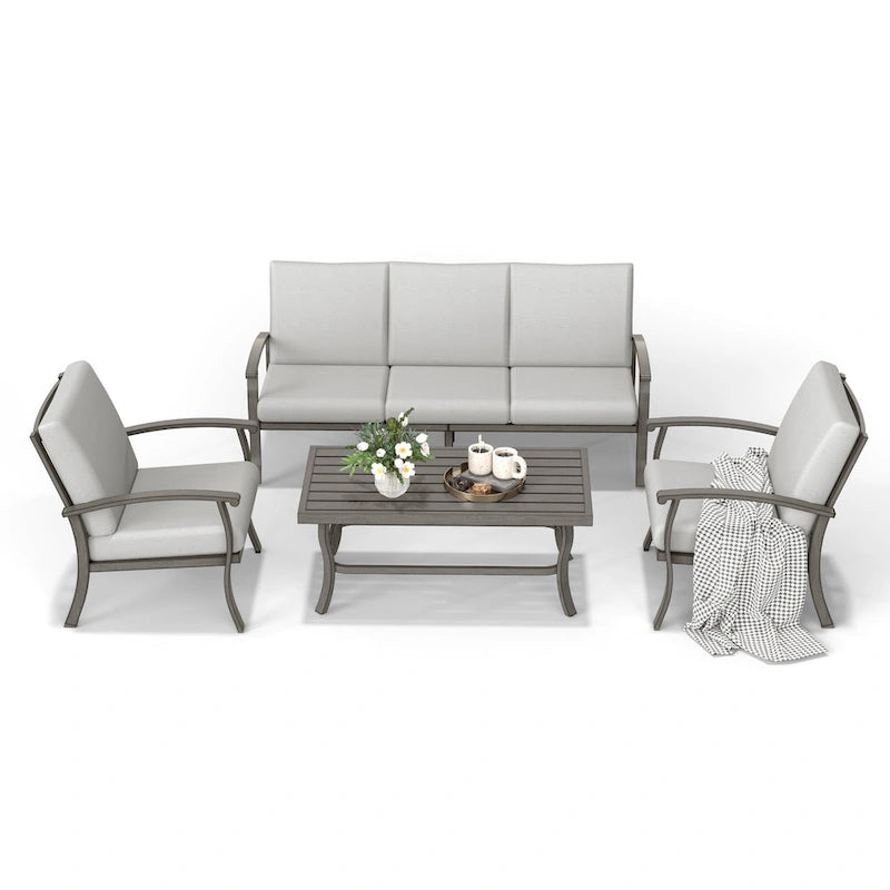 Ensemble de conversation en aluminium 5 places pour patio avec table basse, canapé et coussins gris clair