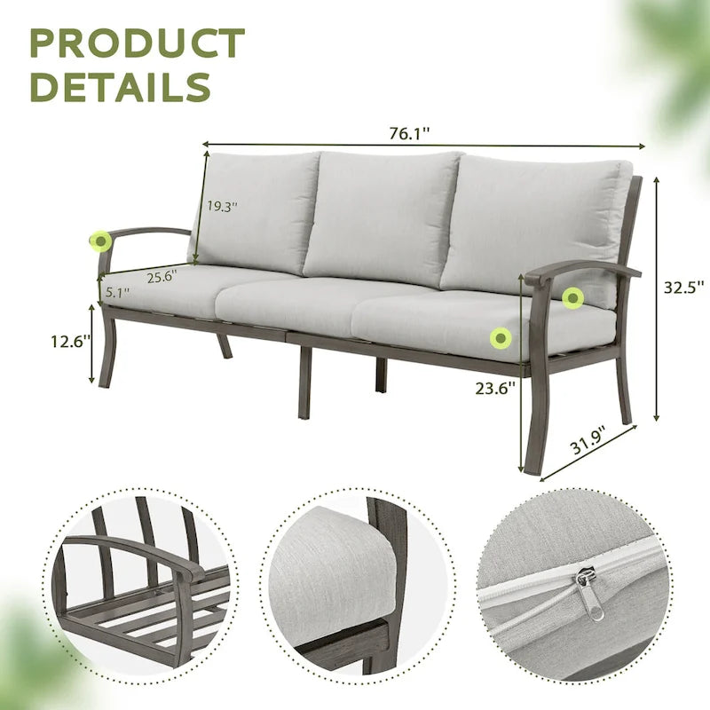 Ensemble de conversation en aluminium 5 places pour patio avec table basse, canapé et coussins gris clair