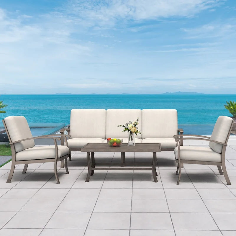 Ensemble de conversation en aluminium 5 places pour patio avec table basse, canapé et coussins gris clair