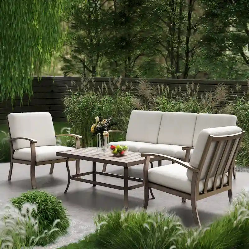 Ensemble de conversation en aluminium 5 places pour patio avec table basse, canapé et coussins gris clair