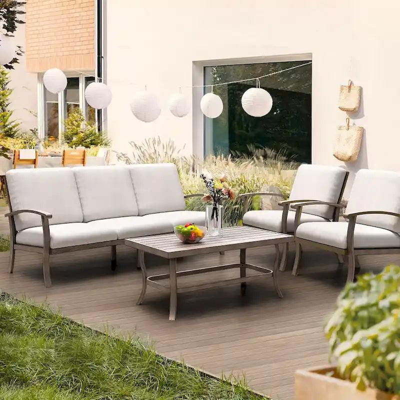 Ensemble de conversation en aluminium 5 places pour patio avec table basse, canapé et coussins gris clair