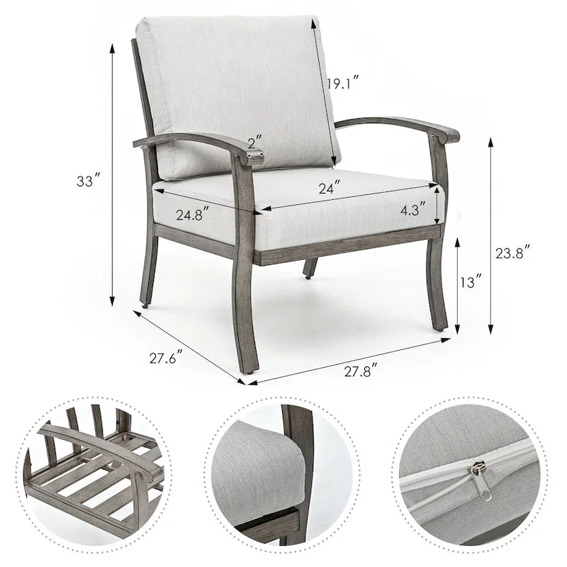 Ensemble de conversation en aluminium 5 places pour patio avec table basse, canapé et coussins gris clair