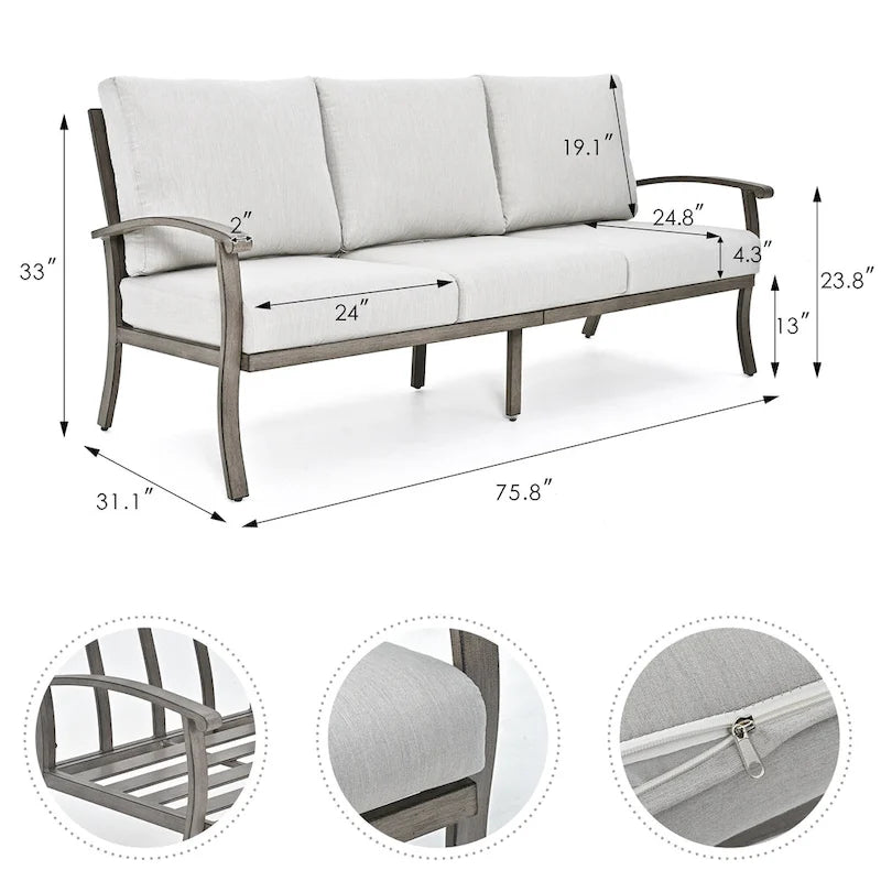 Ensemble de conversation en aluminium 5 places pour patio avec table basse, canapé et coussins gris clair