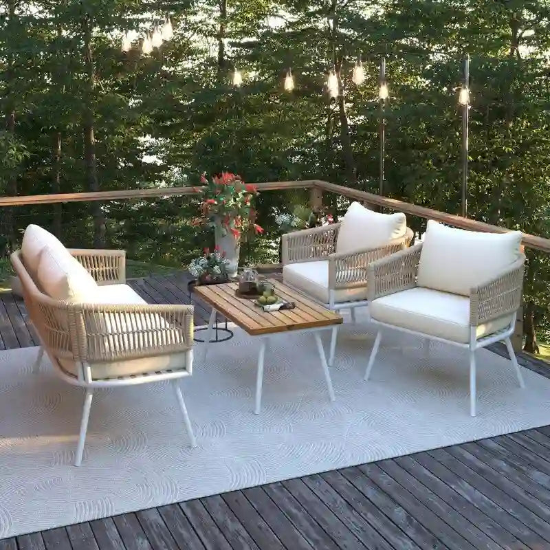 Ensemble de mobilier de jardin bohème 4 pièces avec cordes et table en bois d'acacia pour terrasse, porche et balcon