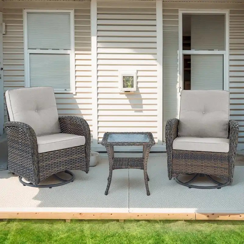 Fauteuils pivotants d'extérieur avec table d'appoint en rotin – Marron