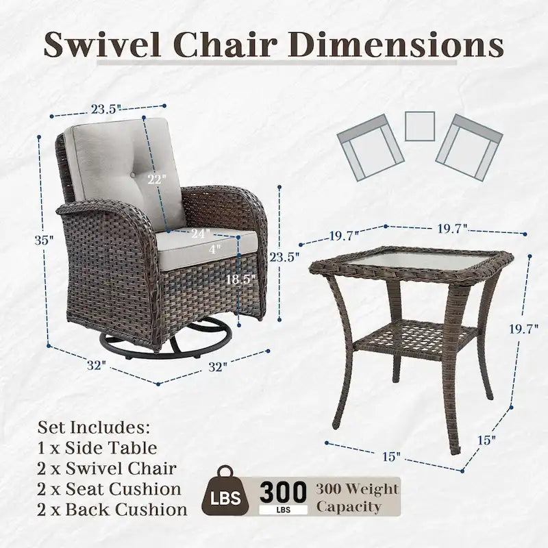 Fauteuils pivotants d'extérieur avec table d'appoint en rotin – Marron