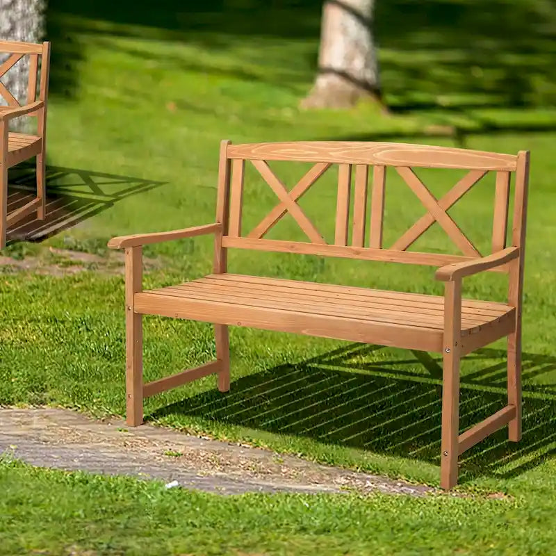 Banc en bois d'extérieur à dossier croisé en sapin
