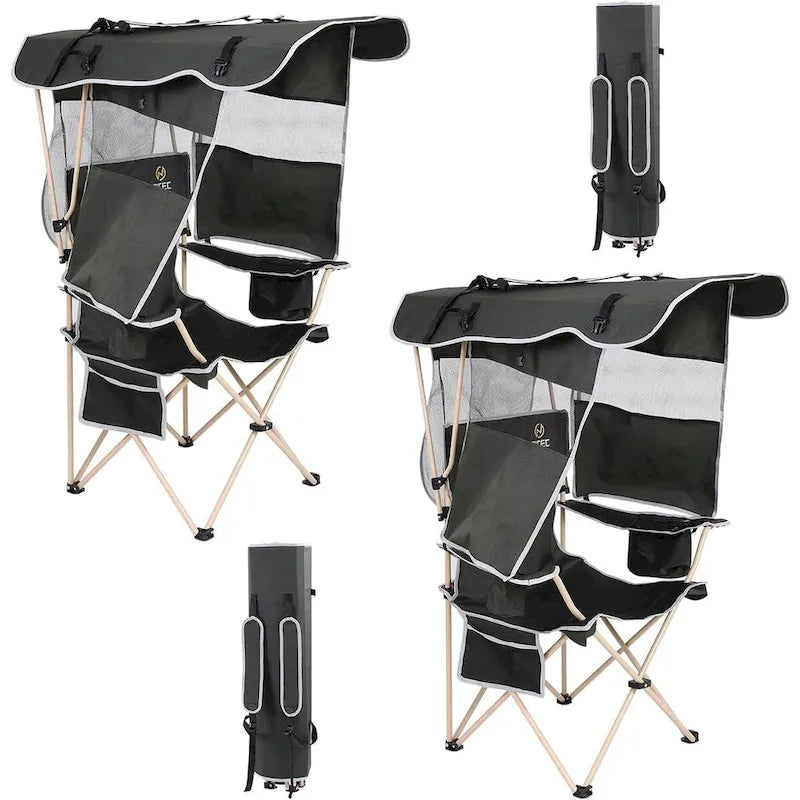 Chaise de camping avec auvent pare-soleil, Chaises de camping portables, Auvent pare-soleil détachable, Poche latérale et porte-gobelet